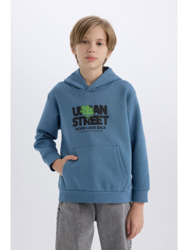 DEFACTO Boy's Hooded Printed Pocket Soft Furry Sweatshirt