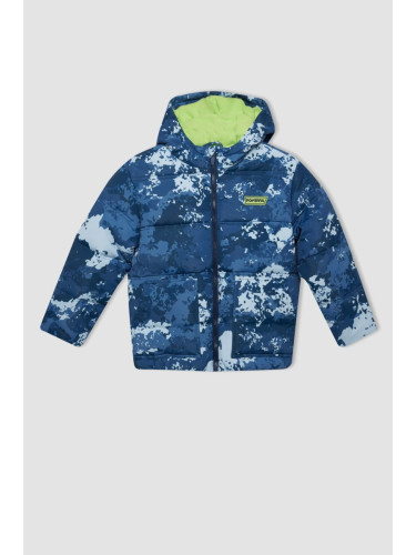 DEFACTO Boy's Water Repellent Hooded Patterned Zippered Pocket Fleece Lined Puffer Jacket