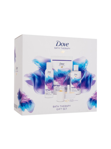 Dove Bath Therapy Gift Set Подаръчен комплект душ гел Bath Therapy Renew 400 ml  + душ пяна за бръснене Bath Therapy Renew 200 ml  + соли за вана Bath Therapy Renew 400 g + ароматна свещ + екфолираща гъба за баня