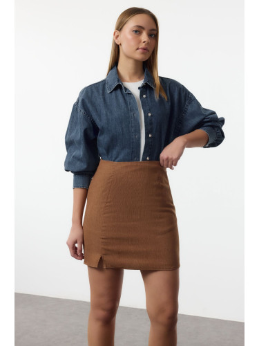 Trendyol Brown Velvet Fabric Slit Mini Length Woven Skirt