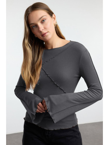 Trendyol Anthracite Ribbed Detailed Fitted/Fits-Your-Body Spanish Sleeve Knitted Blouse