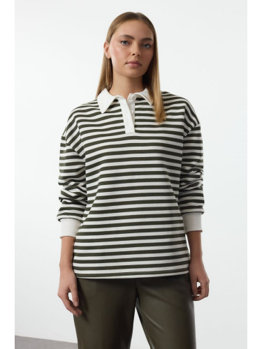 Trendyol Khaki Striped Polo Collar Thick Polar Fleece Oversize Knitted Sweatshirt