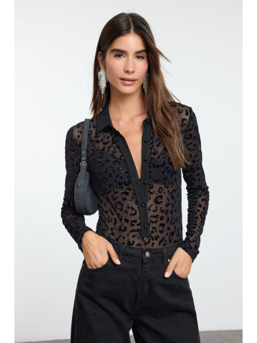 Trendyol Black Tulle Knitted Bodysuit