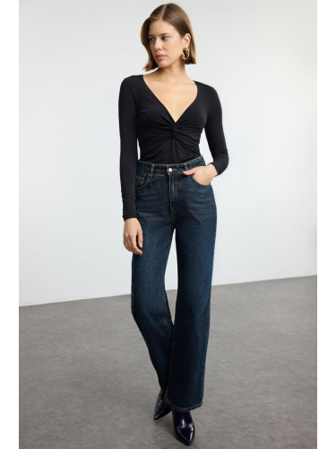 Trendyol Black Gathered/Drape Detailed Fitted/Body-Smoothing Long Sleeve Flexible Knitted Blouse