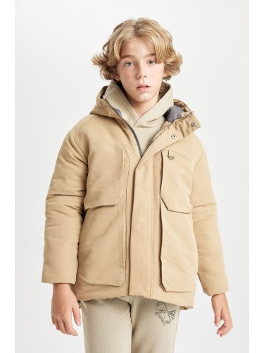 DEFACTO Boy's Water Repellent Hooded Fleece Lined Parka