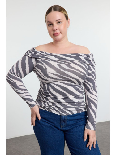 Trendyol Curve White Boat Neck Printed Knitted Plus Size Blouse