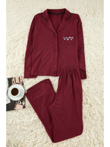 Trendyol Burgundy Cotton Piping and Pocket Detailed Printed Knitted Pajama Set