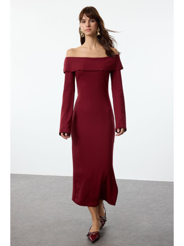 Trendyol Claret Red Fitted Carmen Neck Soft Textured Midi Stretchy Knitted Pencil Dress