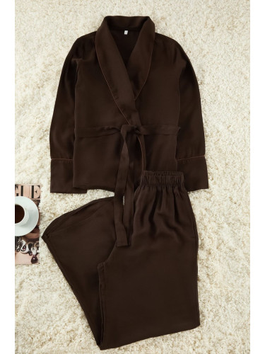 Trendyol Brown Belted Piping Detail Double Breasted Viscose Woven Pajamas Set