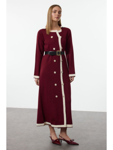 Trendyol Burgundy Belted Knitwear Color Block Dress