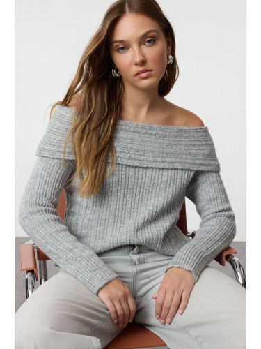 Trendyol Gray Soft Texture Carmen Collar Knitwear Sweater