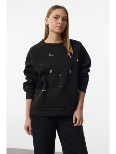 Trendyol Black Stone Detailed Relaxed/Comfortable Thick Inside Polar Fleece Knitted Sweatshirt