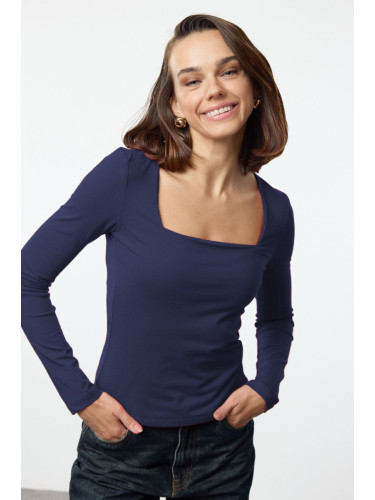 Trendyol Navy Blue Cotton Square Collar Regular Fit Knitted Thin Blouse