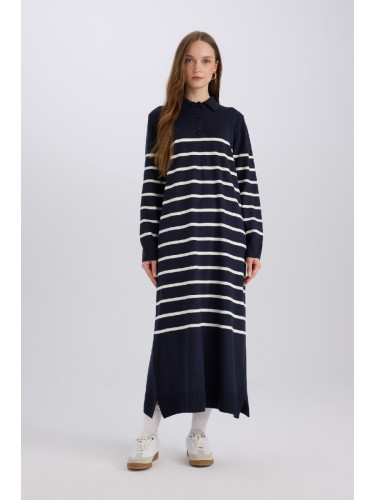 DEFACTO Regular Fit Polo Collar Striped Maxi Knit Dress