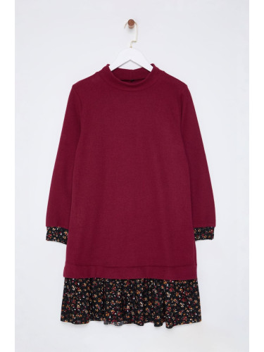 Trendyol Burgundy Floral Printed Mini Thessaloniki Stand Collar Knitted Dress