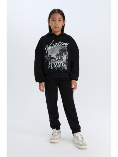 DEFACTO Girl 2-Piece Set Hooded Printed Sweatshirt Elastic Waist Jogger Bottom