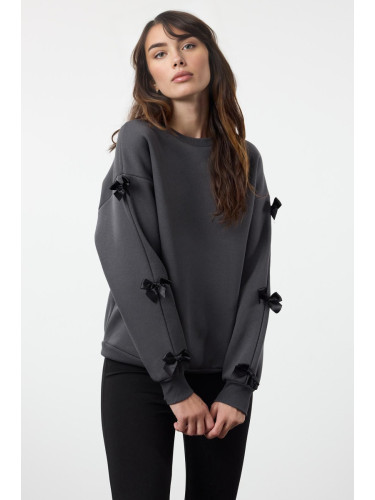 Trendyol Anthracite Bow Detail Oversize/Wide Pattern Thick Polar Fleece Knitted Sweatshirt