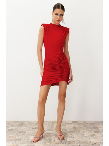 Trendyol Red Bodycon Draped Knitted Short Dress