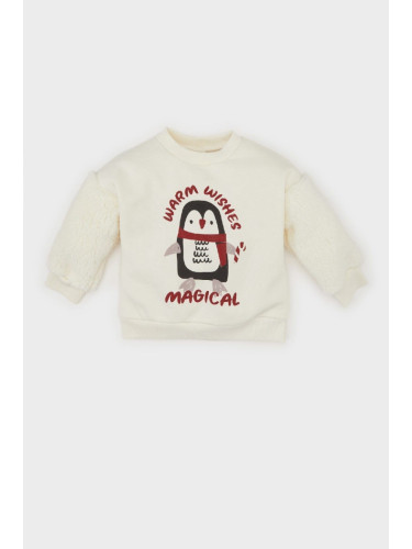 DEFACTO Baby Girl Crew Neck Christmas Themed Soft Furry Sweatshirt