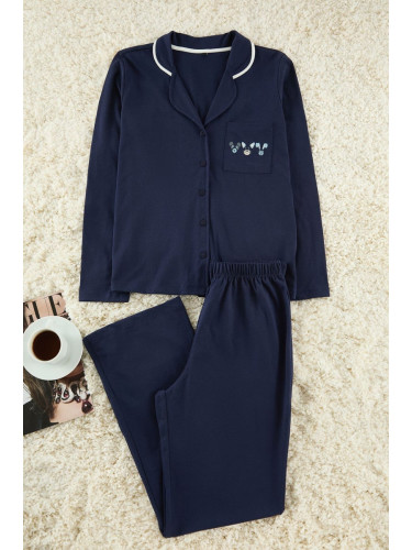 Trendyol Navy Blue Cotton Piping and Pocket Detailed Printed Knitted Pajama Set