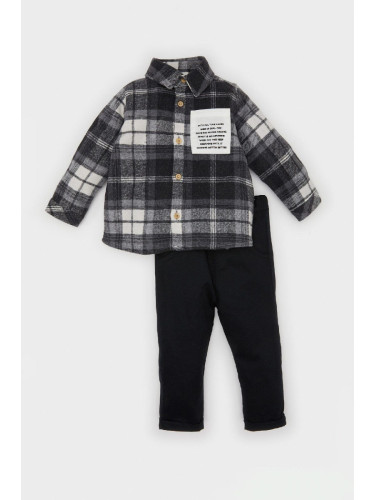 DEFACTO Baby Boy 2-Piece Set Plaid Lumberjack Long Sleeve Shirt Elastic Waist Trousers