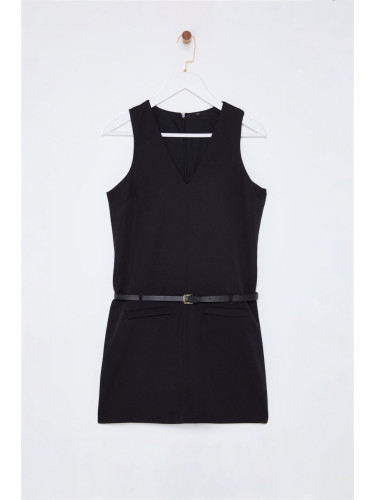 Trendyol Black Plain Belted Mini Woven Dress