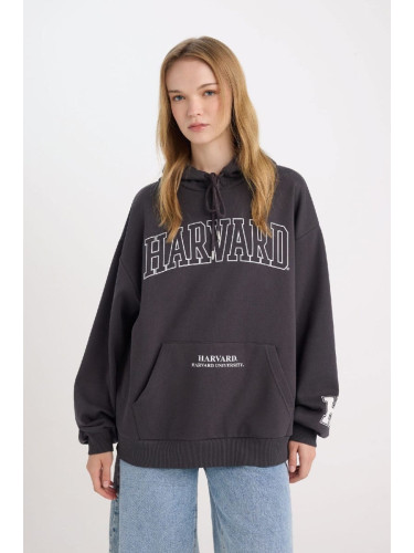 DEFACTO Women's Anthracite Harvard University Oversize Fit Wide-Size Hooded Printed Thick Sweatshirt