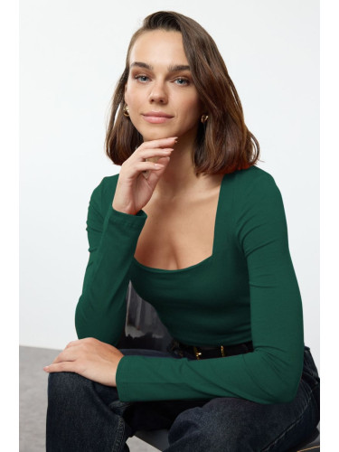 Trendyol Emerald Green Cotton Square Collar Regular Fit Knitted Thin Blouse