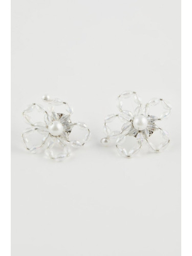 DEFACTO Women's Flower Patterned Pearl Silver Earrings