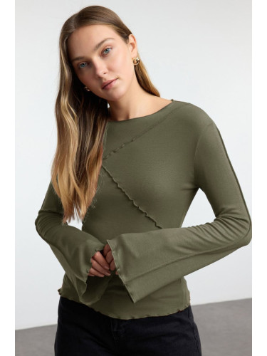 Trendyol Khaki Ribbed Detailed Fitted/Fits the Body Spanish Sleeve Knitted Blouse