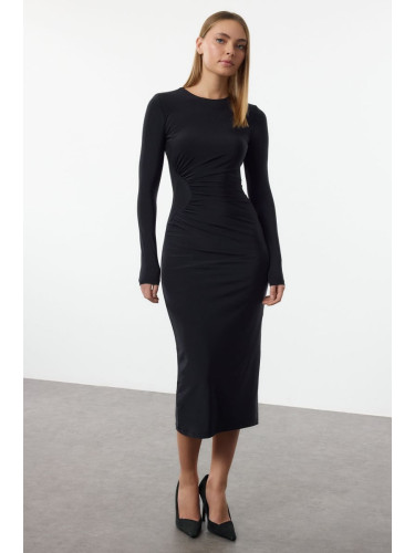 Trendyol Navy Blue Plain Gathered Midi Body-Smoothing Flexible Knit Dress