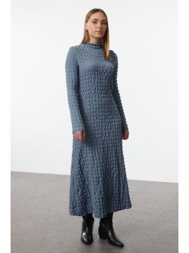 Trendyol Indigo Plain Textured Stand Collar A-Line Flexible Maxi Knit Dress