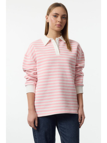 Trendyol Pink Striped Polo Neck Thick Polar Fleece Oversize Knitted Sweatshirt