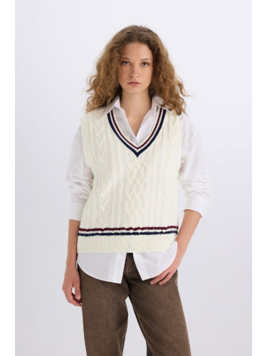 DEFACTO Regular Fit V Neck Hair Knit Patterned Knitwear Sweater