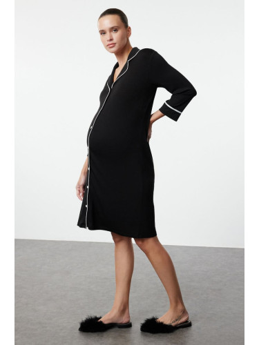 Trendyol Curve Black Shirt Collar Piping Knitted Maternity & Postpartum Nightgown