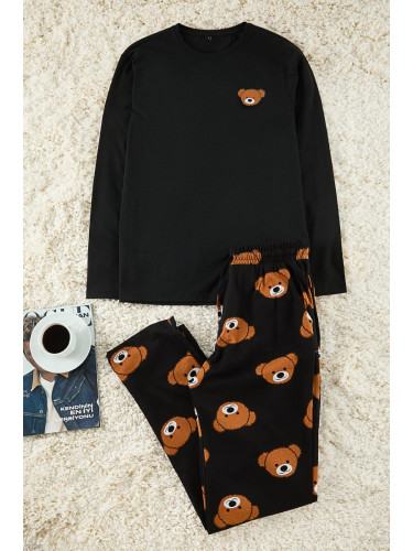 Trendyol Men's Black Regular Fit Teddy Bear Printed Knitted Pajama Set