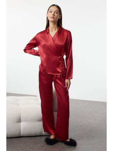 Trendyol Claret Red Plain Satin Woven Pajama Set