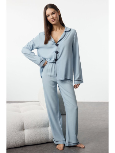 Trendyol Light Blue Heart Ribbed Viscose Woven Pajamas Set