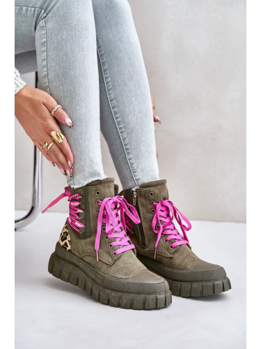 Women's Platform Ankle Boots with Lace Up Leopard Pattern Green Edidda