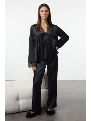 Trendyol Black Plain Satin Woven Pajama Set