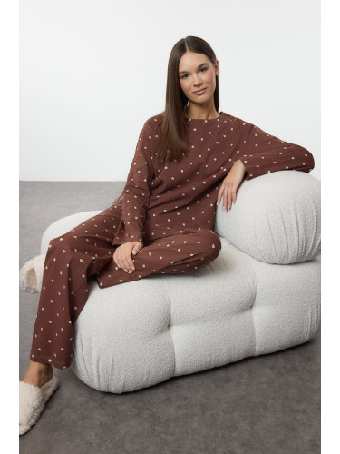 Trendyol Brown Printed Jersey Knitted Pajama Set