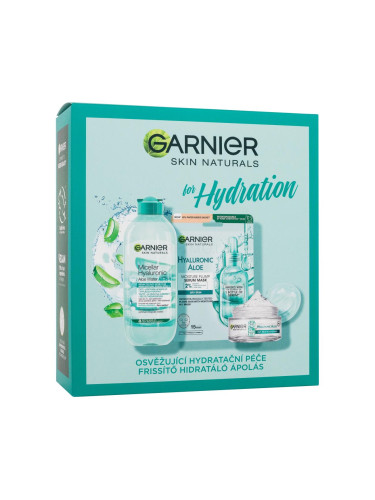 Garnier Skin Naturals Hyaluronic Aloe for Hydrating Подаръчен комплект гел за лице Skin Naturals Hyaluronic Aloe Jelly Daily Moisturizing Care 50 ml + мицеларна вода Skin Naturals Micellar Hyaluronic Aloe Water 400 ml + маска за лице Skin Naturals Hyaluronic Aloe Serum Tissue Mask 28 g увредена кути