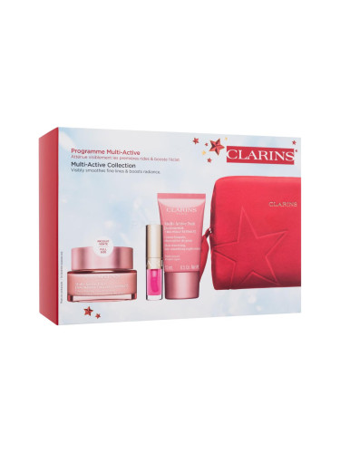 Clarins Multi-Active Collection Подаръчен комплект дневен крем за лице Multi-Active Day Cream 50 ml+ нощен крем за лице Multi-Active Nuit Cream 15 ml + блясък за устни Lip Comfort Oil 1,4 ml 04 Pitaya + серум за лице Double Serum 0,9 ml + козметична чантичка