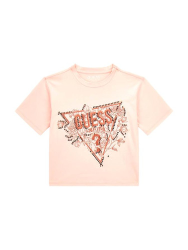 Детска тениска в розов цвят с бродерия и лого Guess