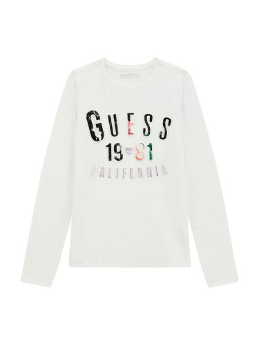 Детска блуза в бял цвят с цветен релефен надпис Guess