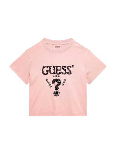 Детска тениска в розов цвят с пайети и надпис Guess