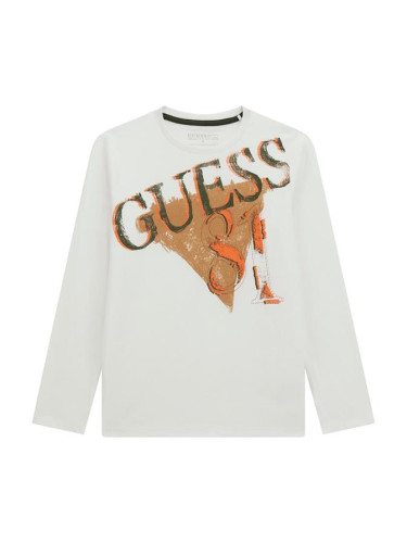 Детска бяла блуза с оранжево лого и надпис Guess