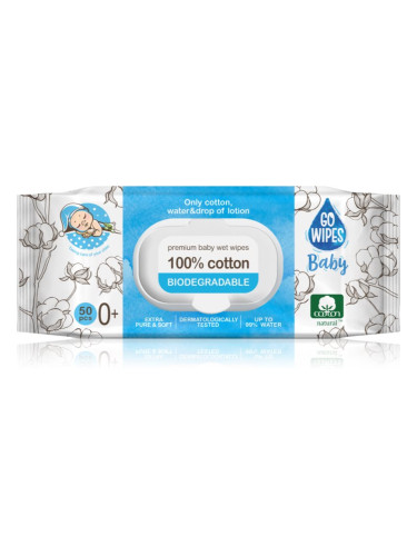 GoWipes Baby 100% Cotton Biodegradable нежни мокри кърпички за бебета за чувствителна кожа 0+ 50 бр.