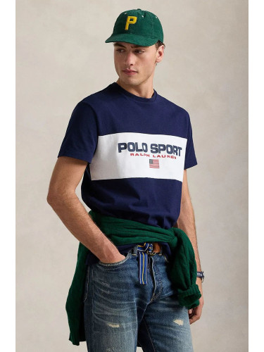 Памучна тениска Polo Ralph Lauren в тъмносиньо с принт 710961611