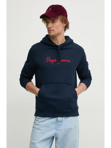 Памучен суичър Pepe Jeans NEW JOE HOODIE в тъмносиньо с качулка с апликация PM582716